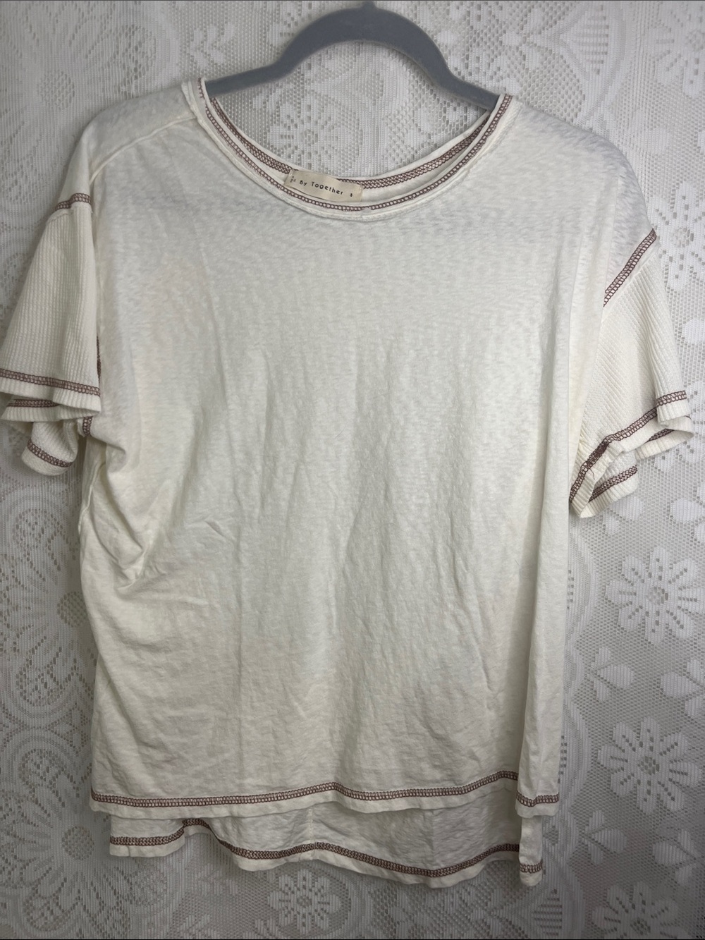 By Together Cream Short Sleeve Tee with Brown Contrast Stitching NWOT S